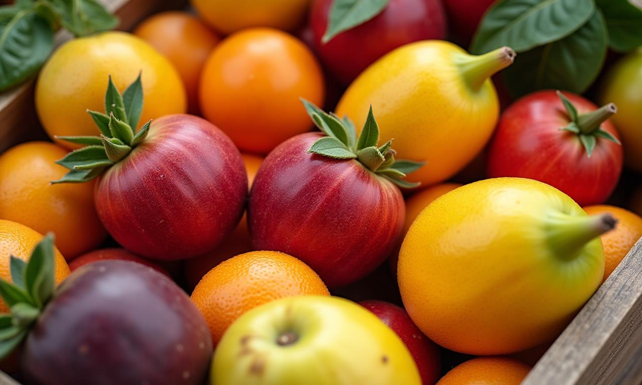 卸売用の exotic fruits が入った木箱