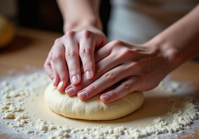 パン生地を丁寧にこねる職人の手