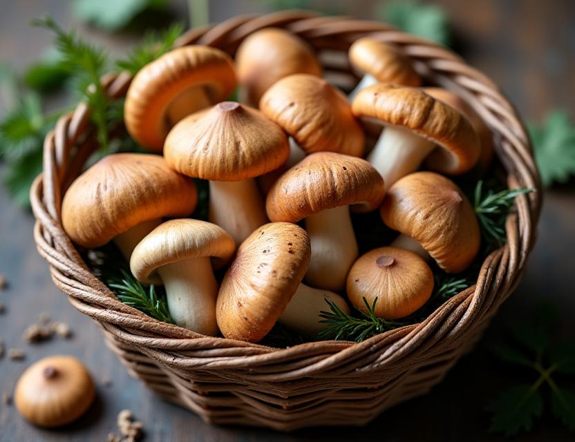 バスケットに盛られた新鮮なポルチーニ茸